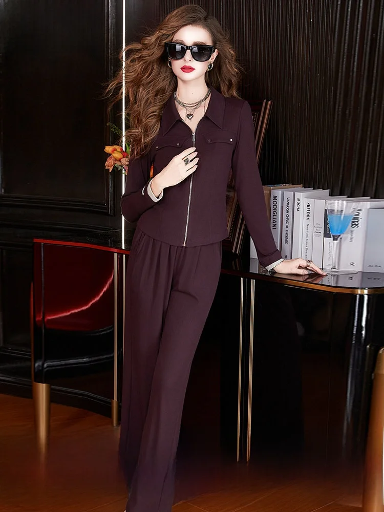 

Fashionable Sportswear Set for Women Spring Turn-down Collar Slim-fit Zipper Open-cardigan Loose Wide-leg Pants Two-piece Set