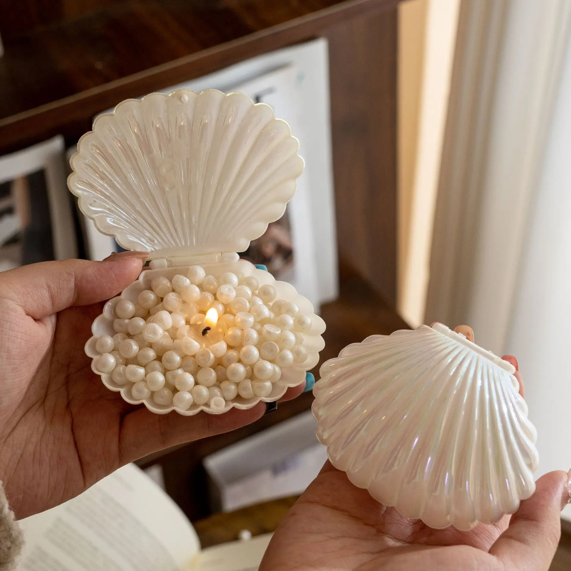 Seashell Conch ScentedCandle,PearlFilled Shell Tealight Holder Smokeless Aroma Wax Romantic Wedding Tabletop DecorHome OceanGift