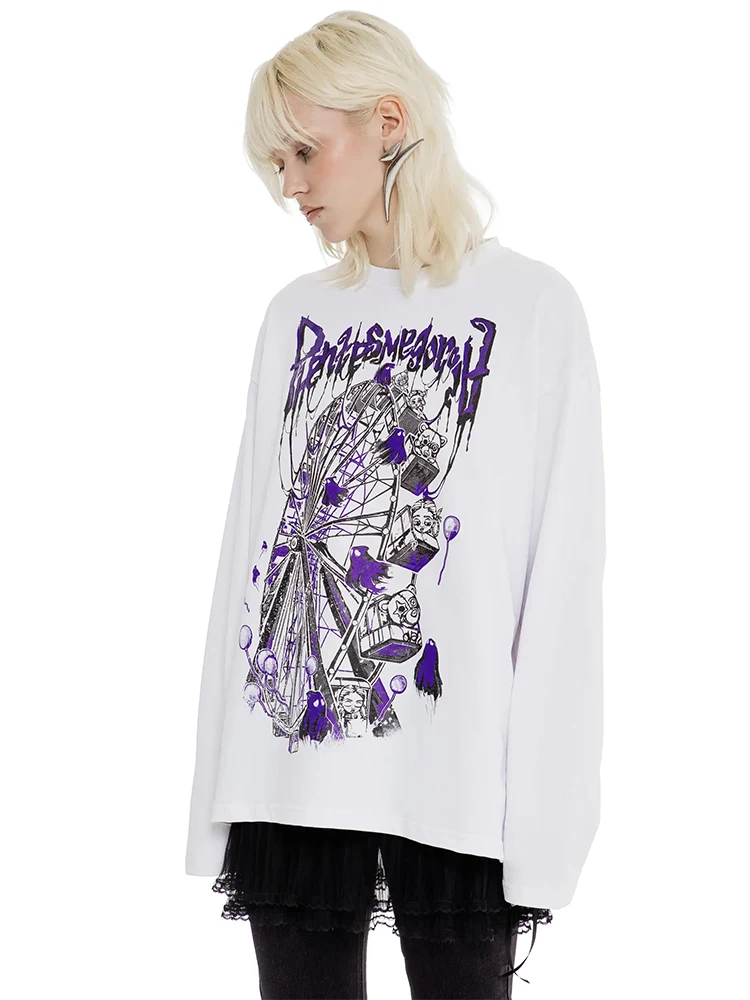 Men's T-Shirt Ghost Wheel White Cotton Autumn Graphic Oversized Aesthetic Long Sleeve Tops Tees Y2k Streetwear Unisex Clothing
