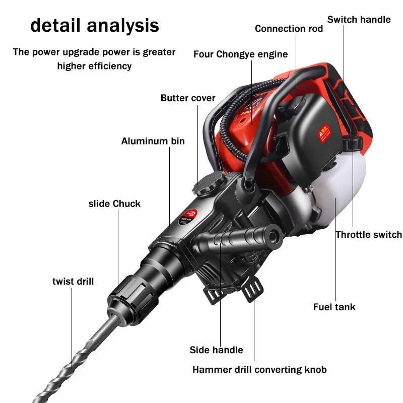 Gasoline hammer drill2200W Multifunction oil hammer rock drilling machine breaking stone Crushed electric pick Tool Impact Drill