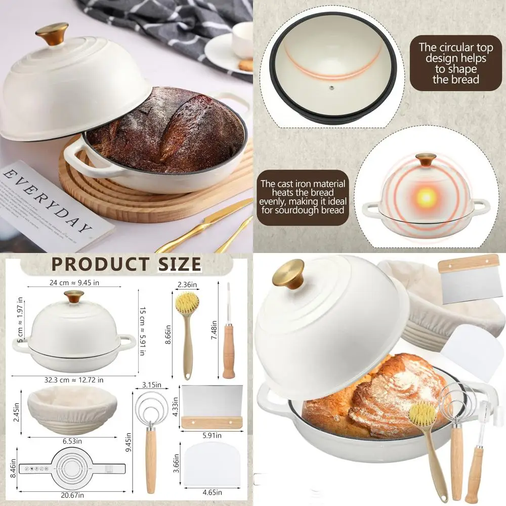 

5 Quart White Enamel Cast Iron Dutch Oven with Lid and Bread Proofing Basket for Sourdough Baking and Roasting
