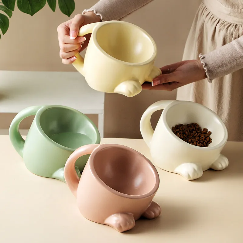 Ceramic Cat Bowl Protective Vertebrae To Prevent Overturning Large-diameter Tilted Cat Drinking Water Container Pet  Food Bowl