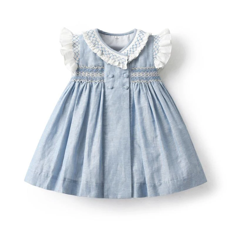 2024 Kids Spanish Dress Girls Hand Made Smocking Blue Dress with Ruffle Collar Sleeeve Baby Smocked Embrodiery Dresses