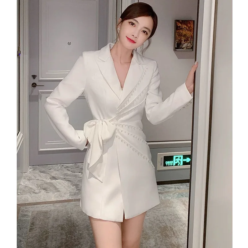 Spring Autumn New Long-Sleeved Beaded Bow Suit Dress Women\'s White Ladies Mid-Length