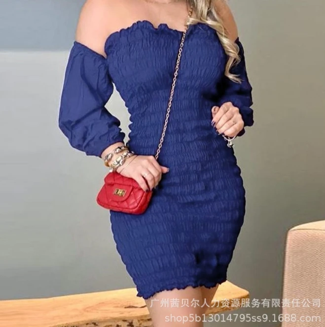 

Women Commuting Dress 2024 Spring Summer Latest Elegant Navy Blue Strapless Straight Line Collar Long Sleeved Tight Mid Skirt