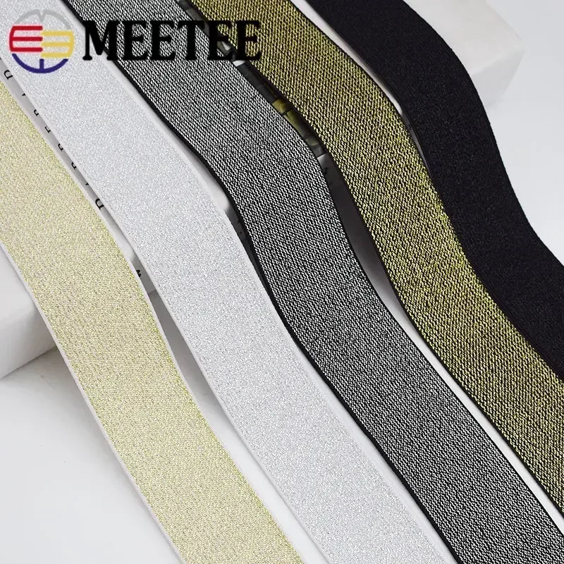 2/5/10Meters Meetee 10-50mm Gold Silver Silk Elastique Band Glitter Rubber Webbing DIY Waistband Dress Belt Sewing Accessories