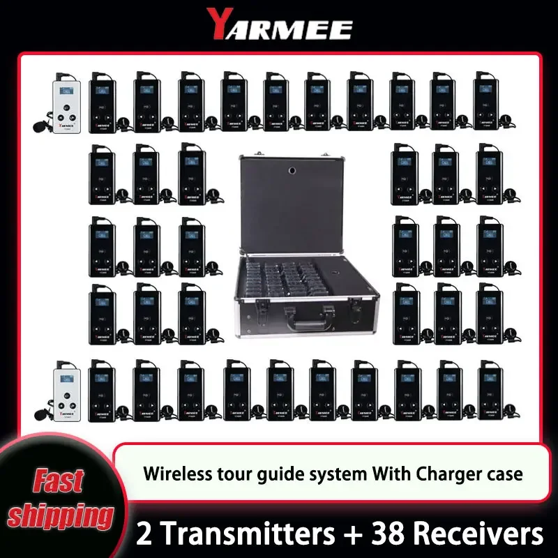 

YARMEE Full Set Wireless Audio Tour Guide System Voice Transmission 2 Transmitters +38 Receivers With Microphone Charger case