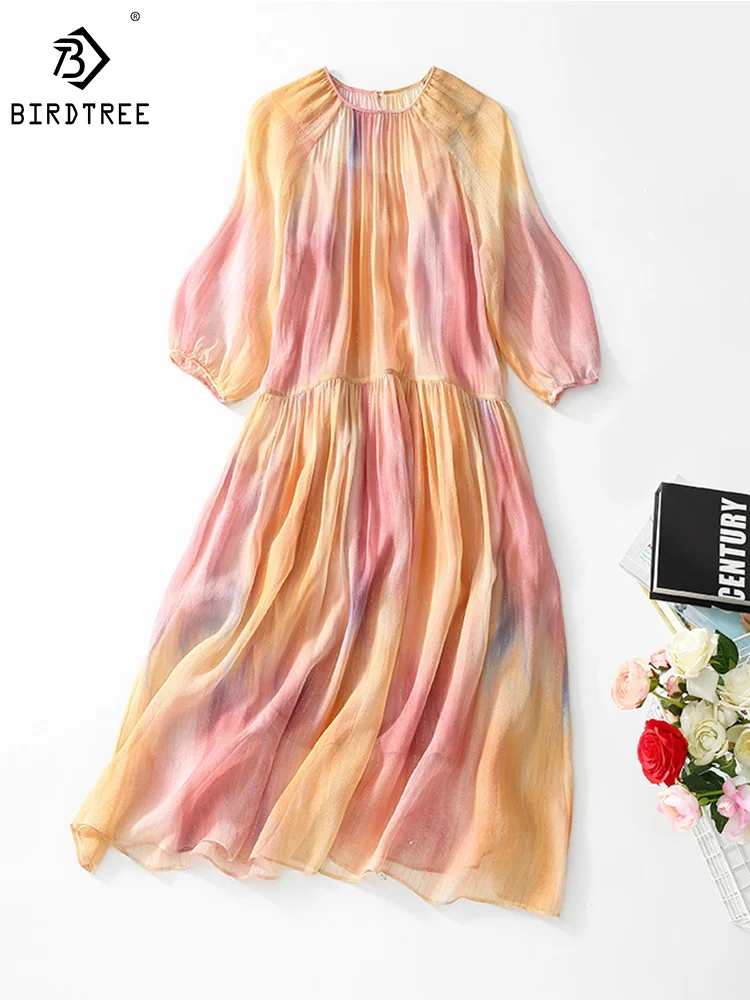 

Birdtree 95%Real Silk Elegant Dresses For Women Loose Rainbow Print Woman Two Pieces A-line Long Midi Dress 2023 Summer D37072QM