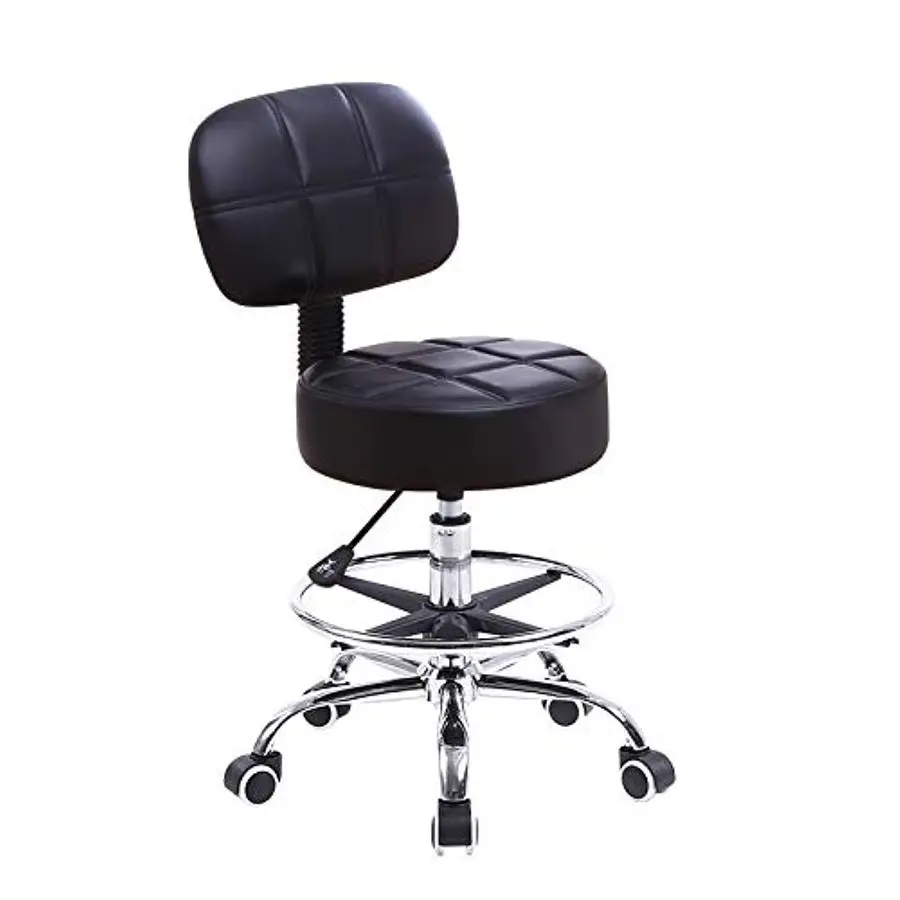 

Swivel Round Rolling Stool PU Leather with Adjustable Foot Rest Height Adjustable Task Work Drafting Chair with Back Black