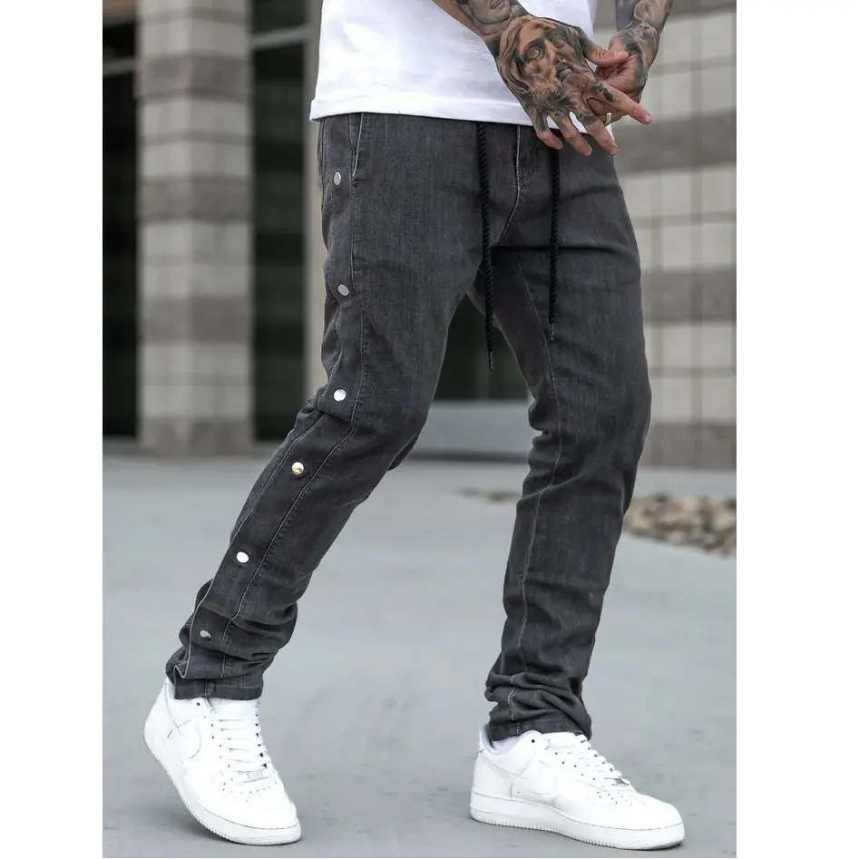 Men's fashion trend jeans with buckle design, drawstring style elastic waistband, washed jeans, loose fit straight leg jeans