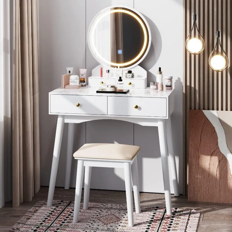 Vanity Set with Modern Desktop, Soft Cushioned Stool, 4 Storage Drawers, 3 Colors Mirror Brightness Adjustable (White)