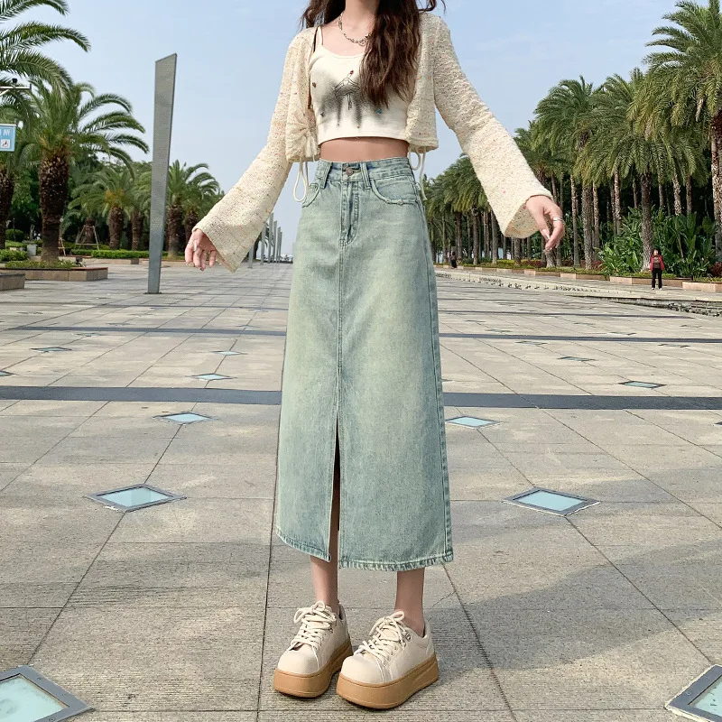 High Waist A-Line  Skirt for Women Spring Autumn Denim Split Design Bodycon Half Length Cotton Blend Fashionable Washed