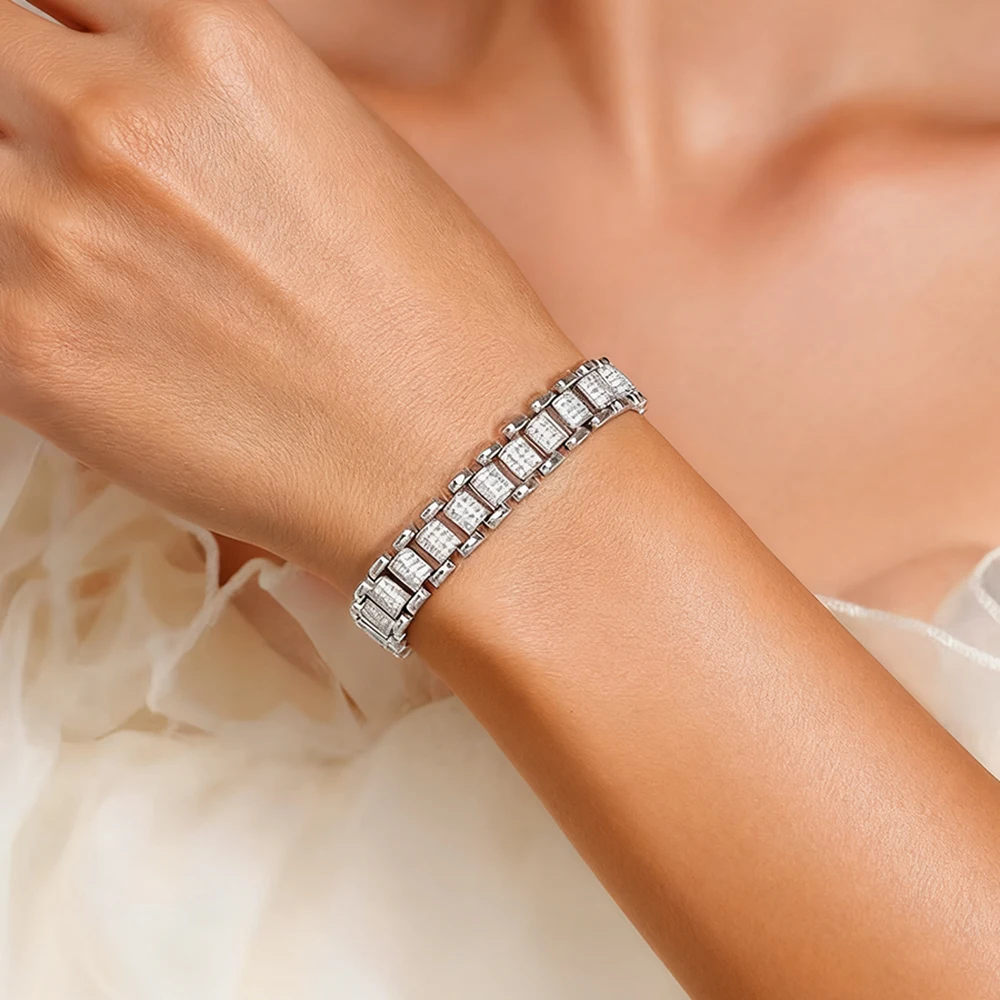 TEMGF Full Zircon/Moissanite Bracelet 8mm Width S925 Sterling Silver Unique Watch Chain for Men Women Cool Trendy Fine Jewelry