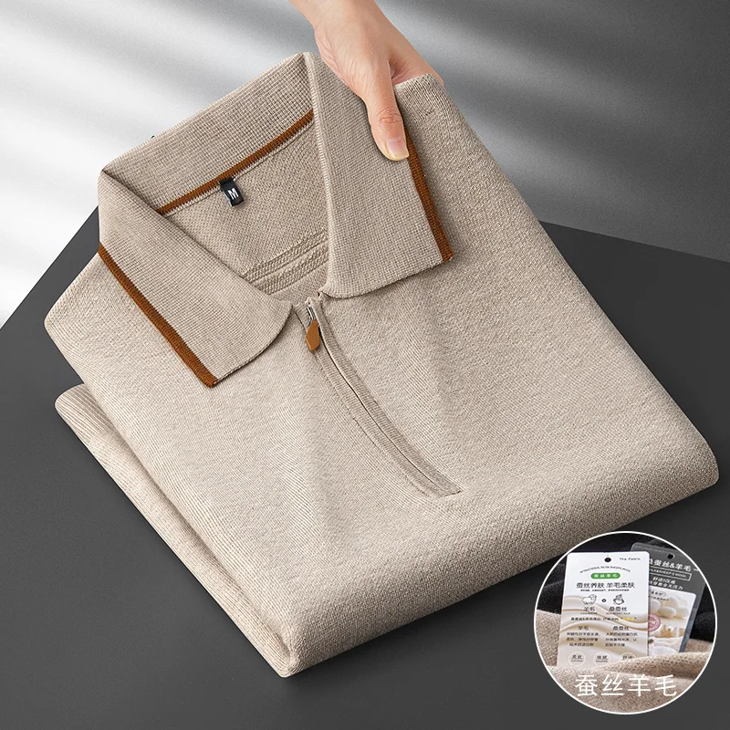 Light Luxury Autumn Italian-Style Relaxed Old Money Style Men's Knitted Wool and Silk Long-Sleeve Sweater with a Turn-Down Collar and Half-Zip