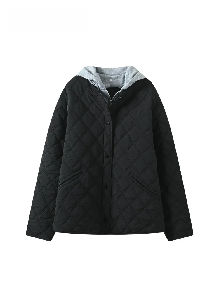 

Теплая хлопковая куртка-пуховик для женщин с капюшоном, длинными рукавами, большого размера, весенняя, утепленная, приталенная, с ромбовидным узором