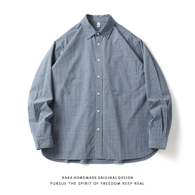 

Мужская рубашка в стиле ретро, японский дизайн, с длинным рукавом, из стираного хлопка, повседневная, свободного кроя, в клетку, дышащая, тонкая, влагоотводящая