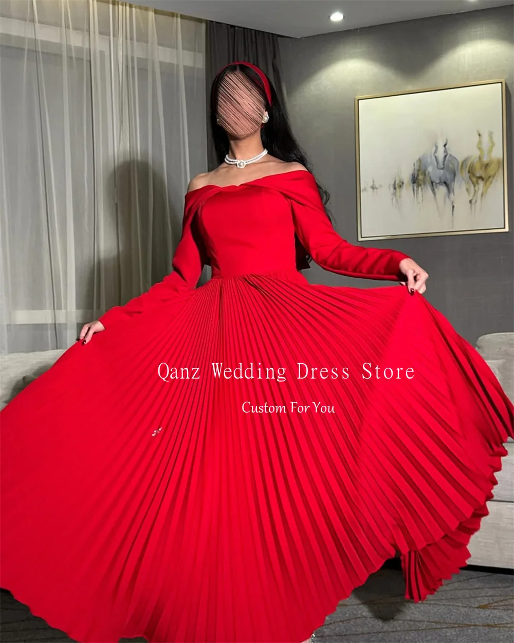 Qanz Red Long A Line Prom Dresses Dubai Long Sleeves Vestidos De Fiestas Elegantes Mujer Formal Occasion Dreeses Customized