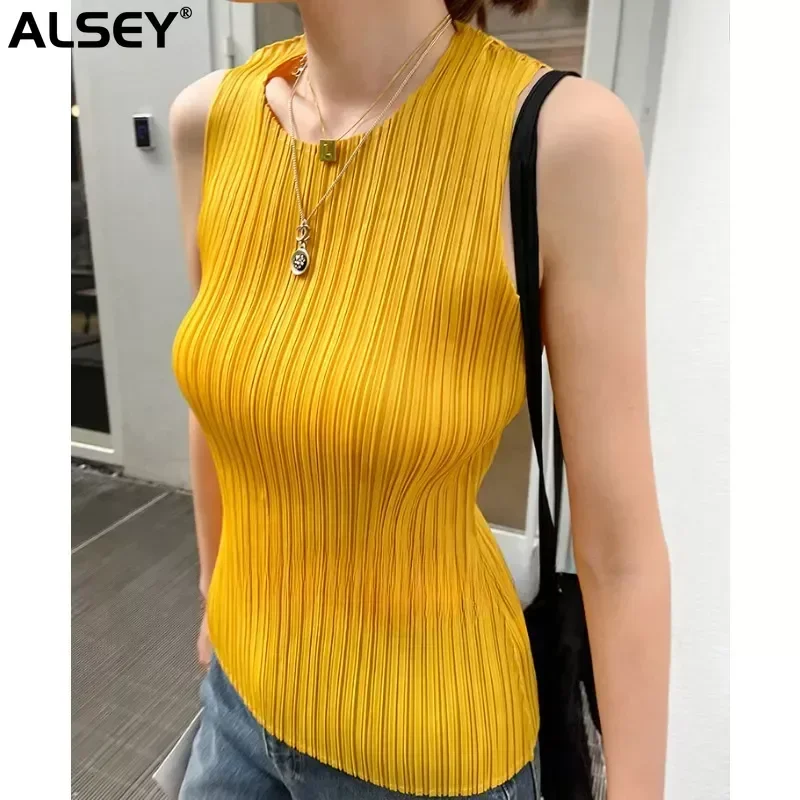 Miyake Pleated Female Round Neck Tank Harajuku Vintage Stretch Tops Summer New Casual Temperament Simple Versatile T-Shirt