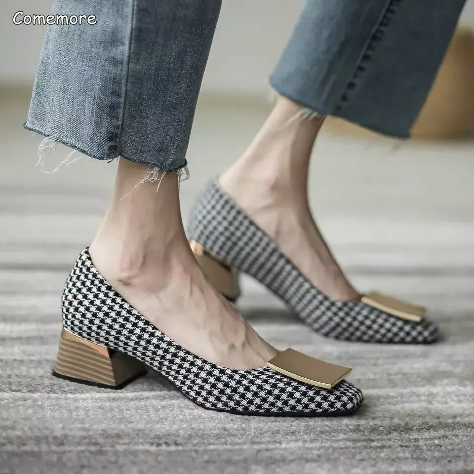 Comemore Trend 2023 Square Heels Women\'s Summer Footwear Office Black Medium Heel Casual Pumps Slip-on Luxury Shoes for Woman 34