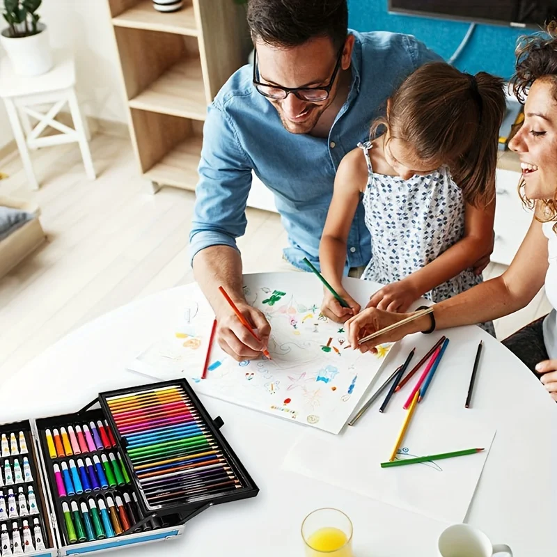 Künstlerbedarf, 145-Pack Mal- und Zeichenkunstset, Deluxe-Doppelschichten-Kunstset zum Basteln, Buntstifte, Ölpastelle, Aquarell