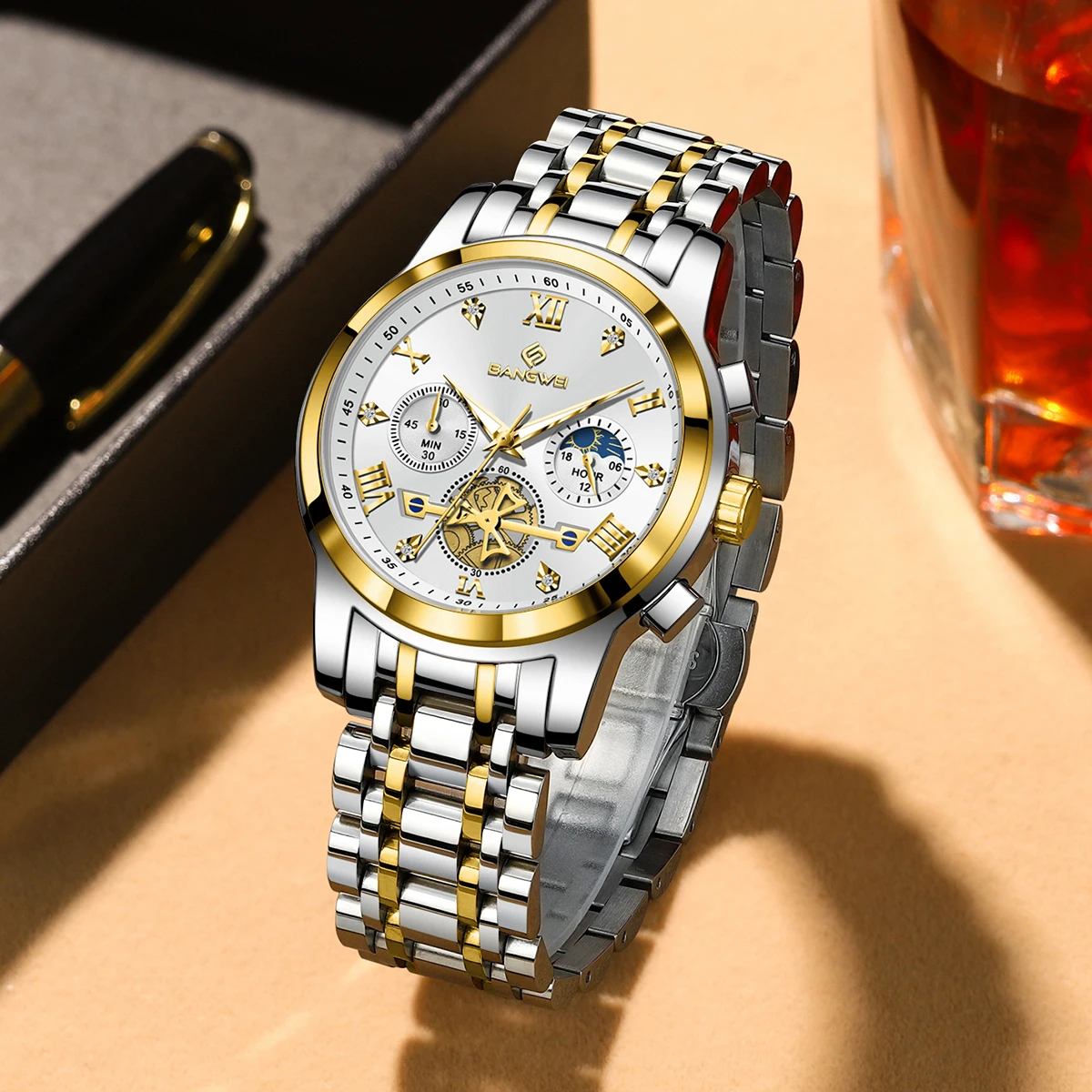 BANGWEI Mens Watches Classic Multifunctional Fltwheel Chronograph Original Quartz Wristwatch Moon Phase 24 Hour Waterproof Watch