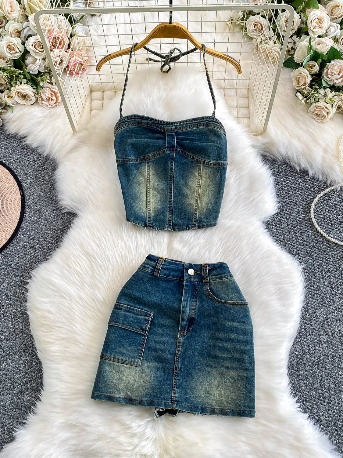 

Сексуальная джинсовая юбка Brtte ter Ne с высокой талией для похудения, анти-легкая юбка, комплект из двух предметов, Гонконг Beau Godd Sle