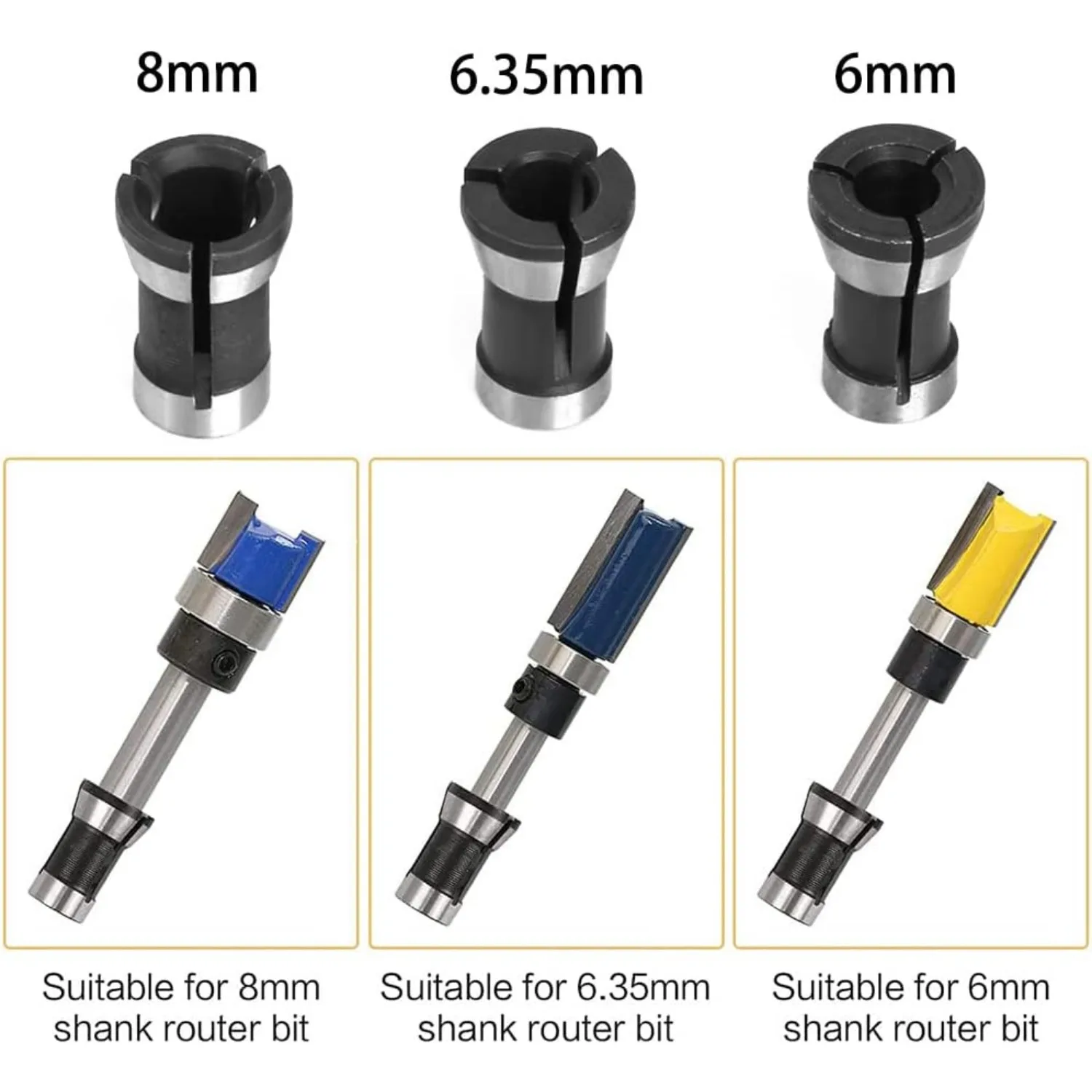 3pcs High Precision Trimmer Collet Adapter Router Bit Collet Chuck Clamping Adapter for Engraving Trimming Machine