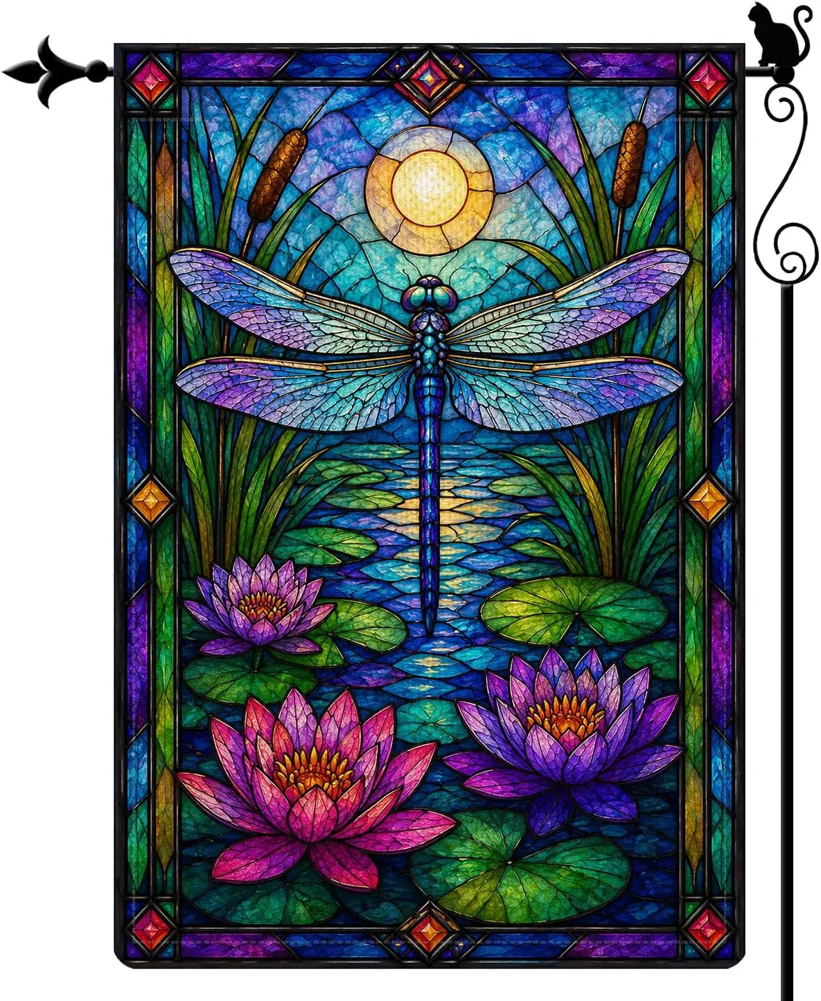 Stained Glass Dragonfly Lotus Pond Garden Flag, Double Sided 12 x 18 Inch Burlap Outdoor Yard Flag for Porch Patio Lawn Deco llp
