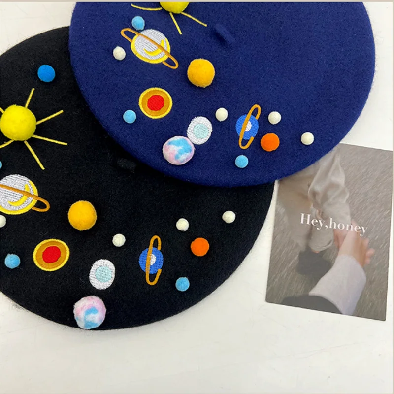 Beret Hat Autumn Winter New Star Galaxy Hairball Embroidery Wool Women Warm Everything Fashion Cold Hat