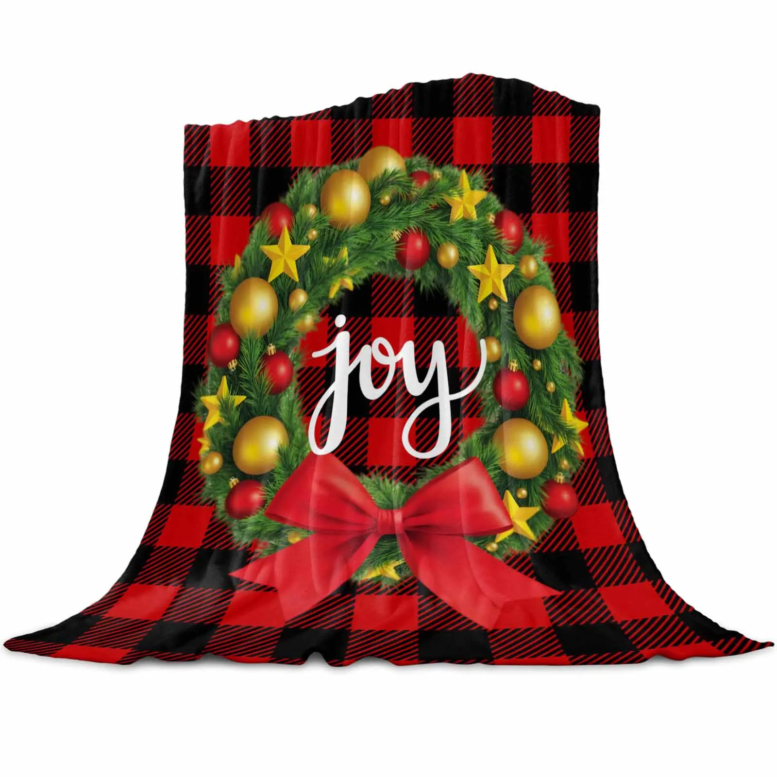 

Red Check JOY Christmas Wreath Throws Blankets for Sofa Bed Winter Soft Plush Warm Family Friends Holiday Gifts