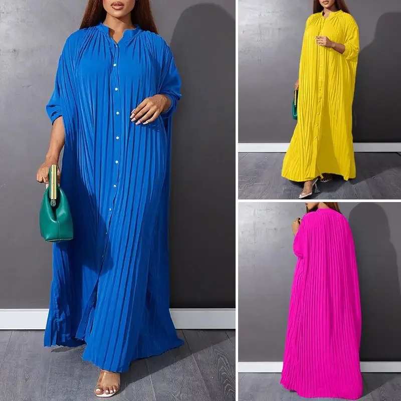 Pleated Summer Dresses Large Size Long Dress for Women Casual Cardigan Muslim Dress Women Kaftan Single-breasted Women Clothes