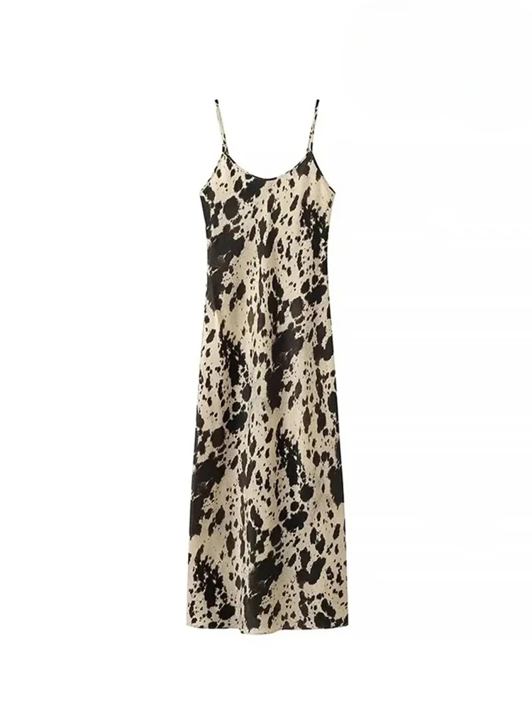 

Women's Silk Textured Leopard Midi Sleeveless Sexy V-Neck Backless Halter Dress Street Fashion Loose Women's Dresses