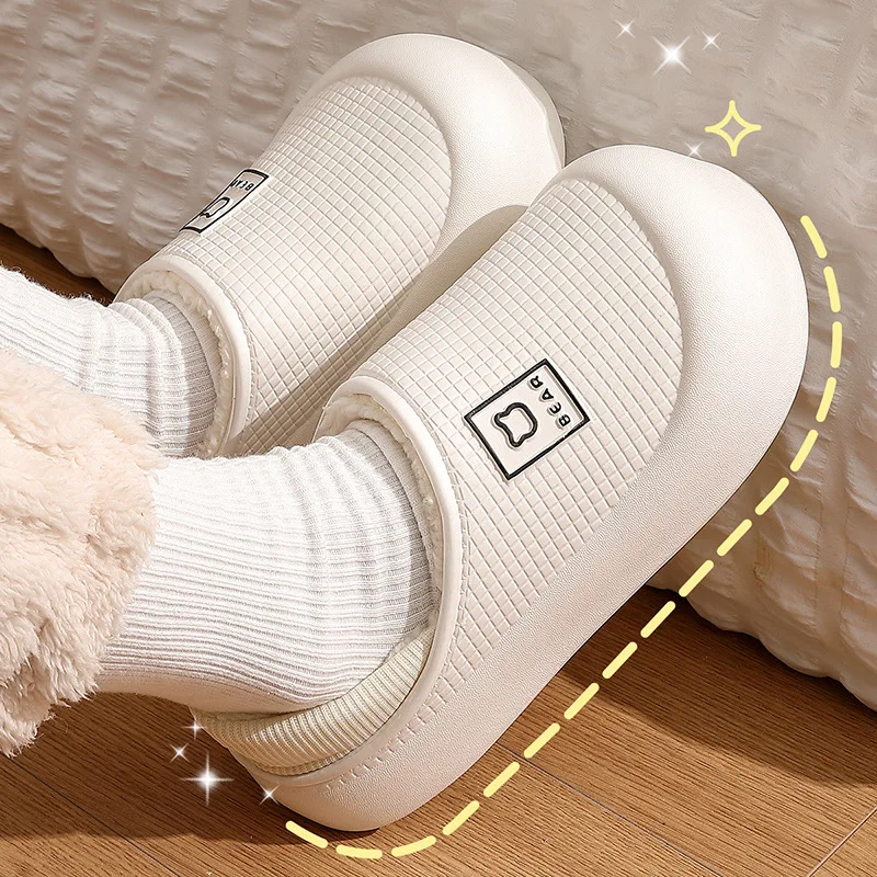 Waterproof Winter Cotton Slippers Women Men Plush Warm Bag Heel Non Slip Indoor Home Slippers Cozy Thick Sole House Footwear