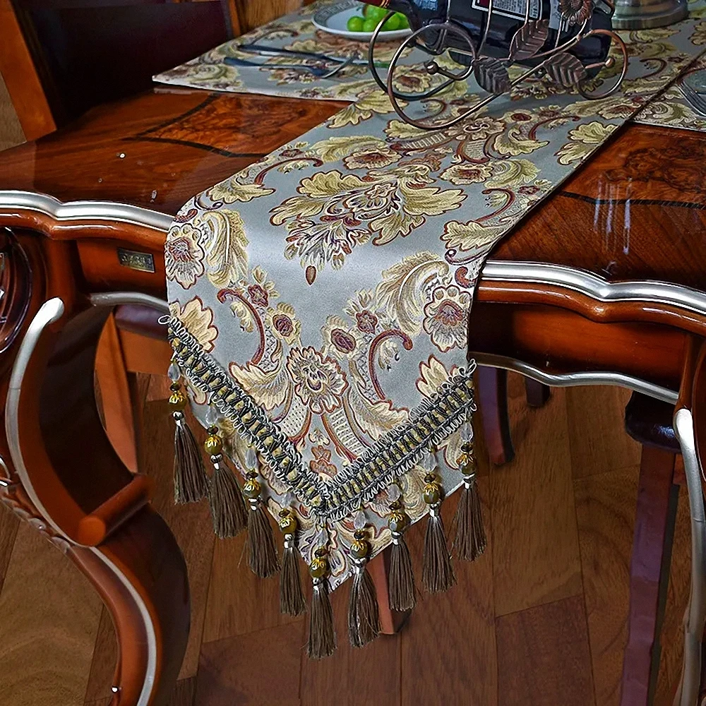 

Vintage European Jacquard Table Runner, Luxury Tassels Table Flag Elegant Cover Cabinet Dresser Wedding Dining Room Table Decor