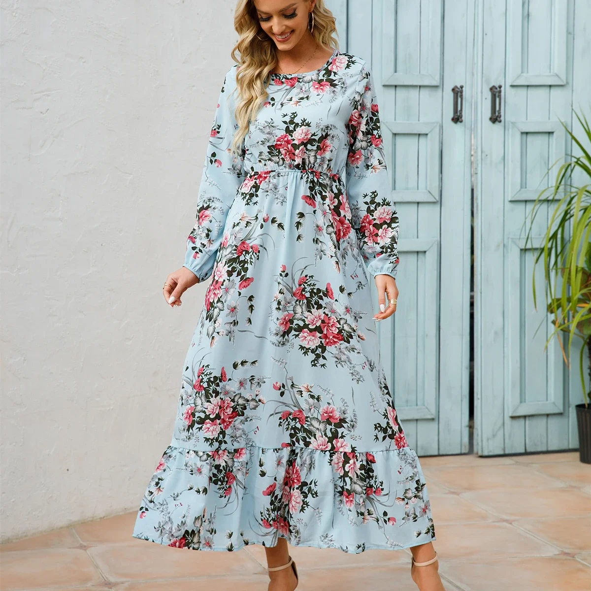 

fashion Casual Long Sleeve High Waist blue Woman Chiffon Dresses Sping Autumn Bohemian Women Maxi Dress Floral Vestidoes Mujer