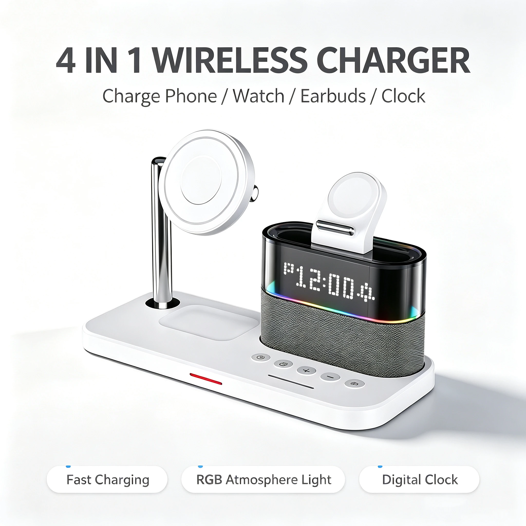 Multifunction Wireless Charger Stand Pad RGB Light Alarm Clock Speaker For iPhone Samsung Xiaomi Mini Fast Charging Dock Station