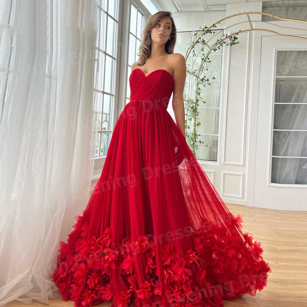 Charmante rode vrouwen A-lijn avondjurken Sweetheart prom jassen op maat gemaakte mouwloze vestidos de fiesta bloemen robe de soirée