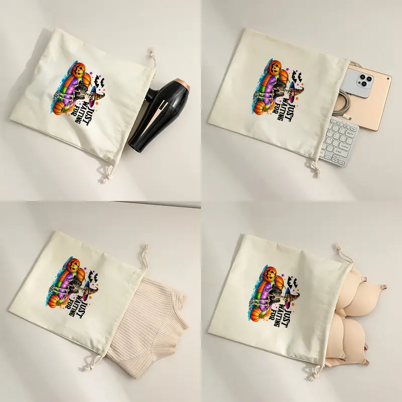 Halloween Skeleton Drawstring Candy Bag Just Waiting for Halloween Witch Hat Pumpkin Portable Trick or Treat Sweet Storage Bag