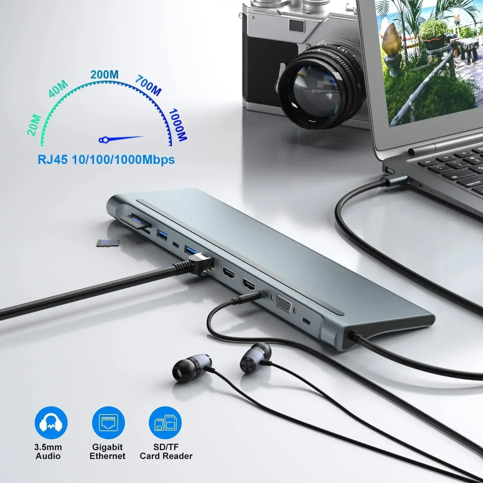 MST USB C Stasiun Dok Laptop dengan Port USB Dual 4K HDTV VGA 3.5 Audio PD 100W SD TF Ethernet Laptop untuk MacBook Dell XPS