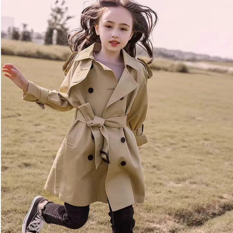 Gabardina larga de estilo inglés para niñas, chaqueta cortavientos para niñas de 4 a 12 años, ropa de primavera y otoño, nueva moda