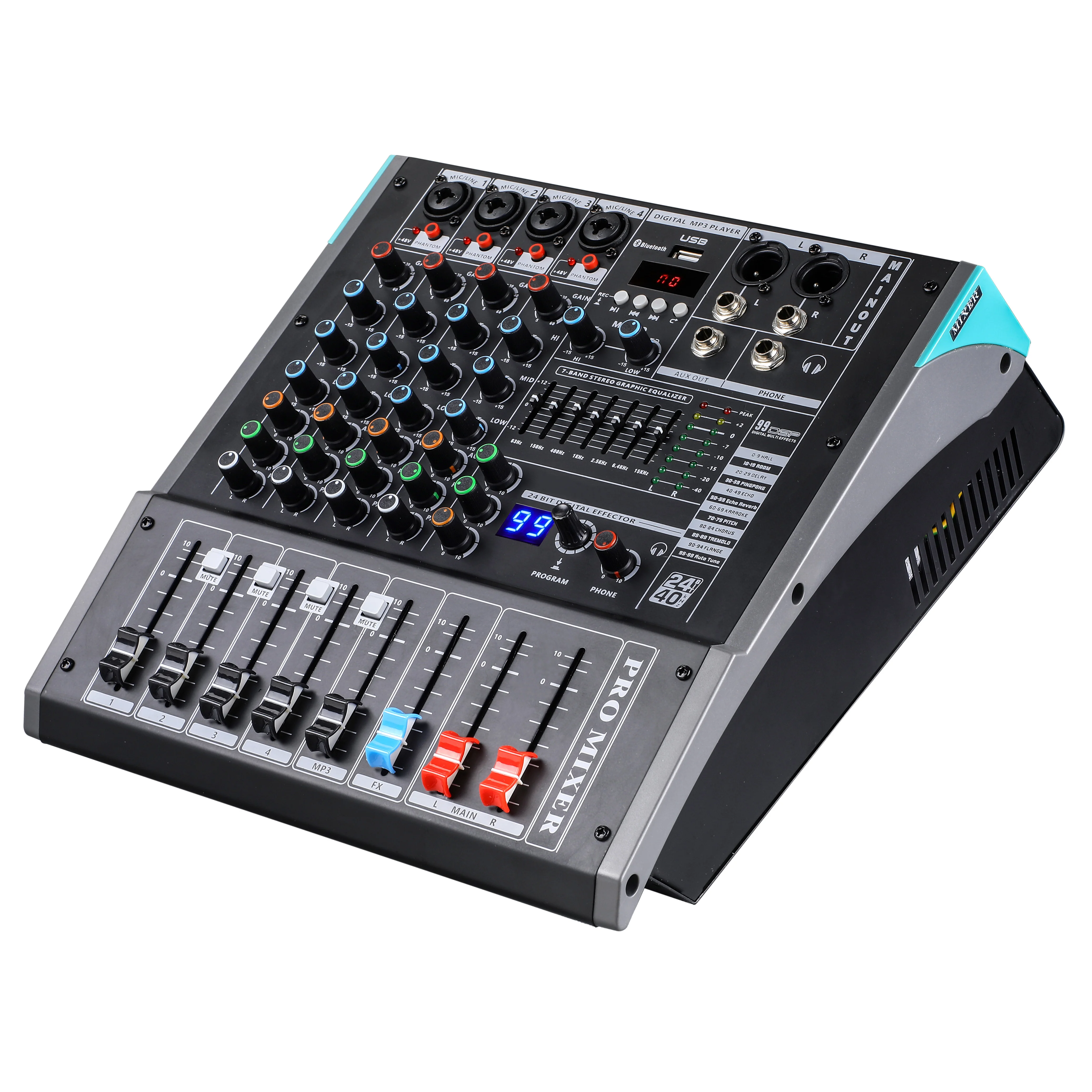 Hot Selling 4CH Channels Power Mini Audio Mixer with 99DSP Effects and 7-Band EQ for Live Streaming