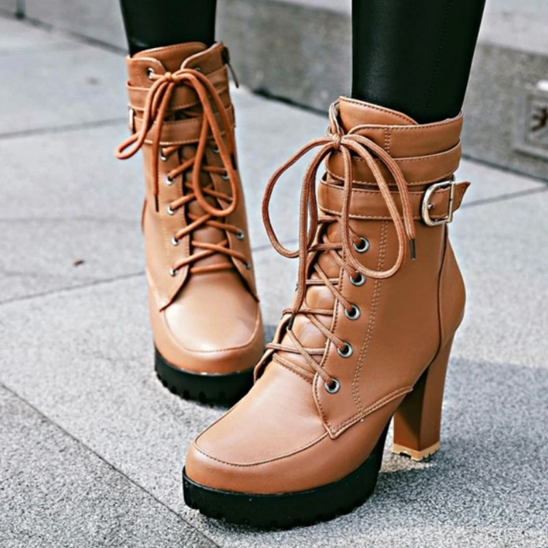 

Brown Women's Ankle Boots Platform Autumn Winter Short Boot 2026 Buckle Lace-up Luxury Buckle High Heels Party Footwear Shoes