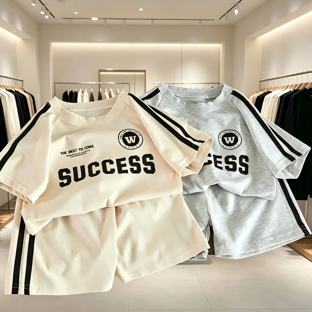 2026 New Summer Kids 2Pcs Outfits Letter Print T-shirt + Striped Shorts Soft Cotton Casual Sporty Children Suit For Boys Girls