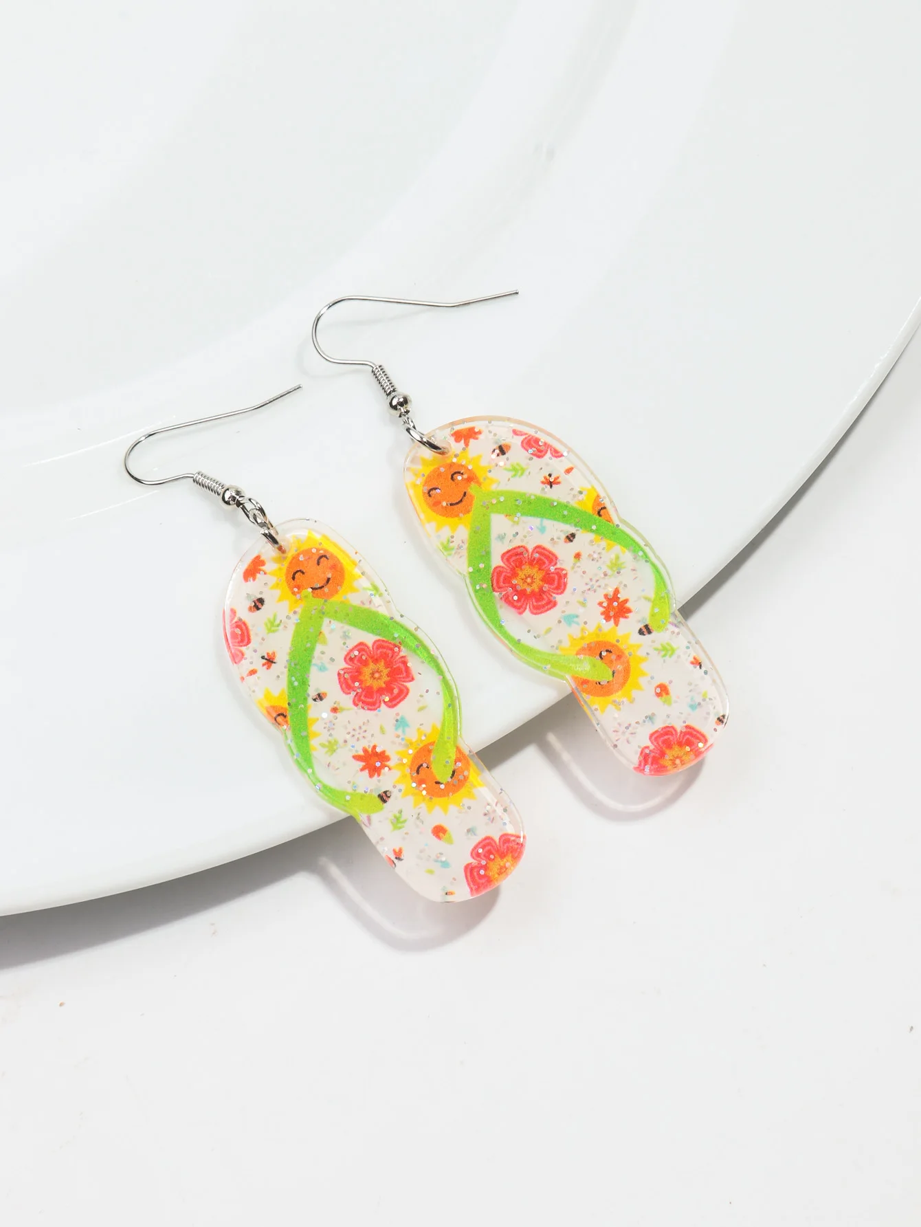 Bohomian Summer Acrylic Flower Slippers Earrings for Women Boho Resin Cute Lemon Leopard Print Shoes Earring Design Jewelry