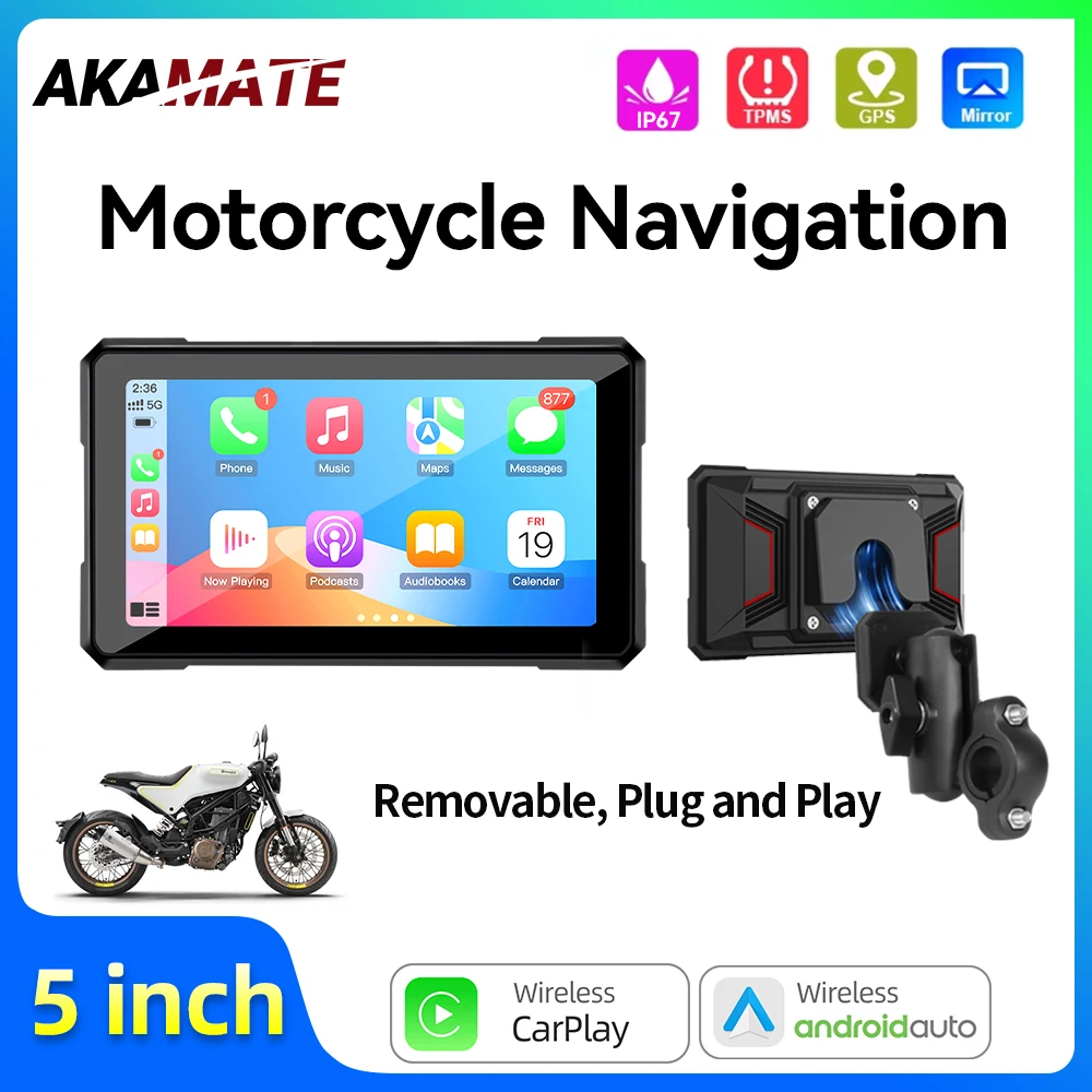 

5-дюймовый беспроводной портативный цифровой GPS-навигатор для мотоциклов с CarPlay и Android Auto, дисплей для приборной панели мотоцикла