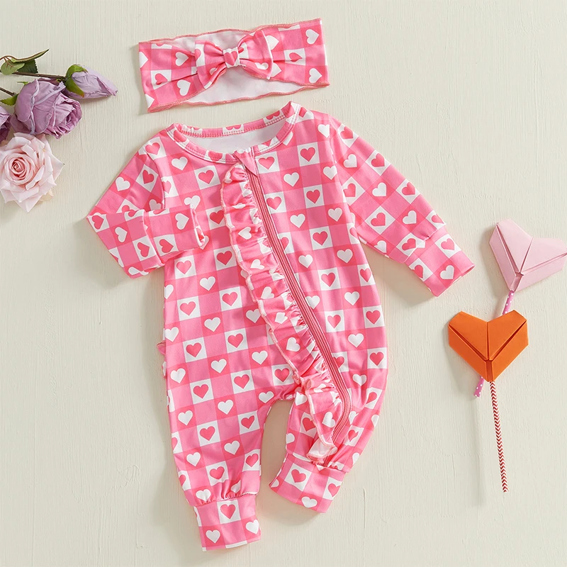 Completi autunnali per neonata Love Heart Plaid Pattern Ruffles Girocollo Manica lunga Zip Up Pagliaccetto neonato con fiocco Fascia per capelli Set da 2 pezzi