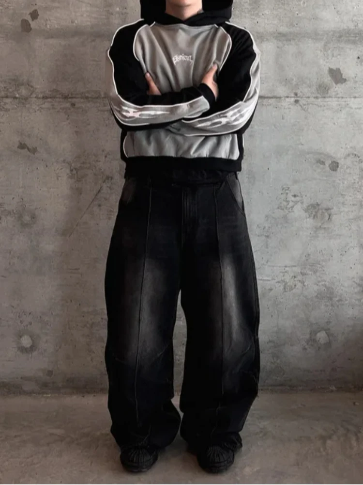 Retro Jacket Streetwear Trend Versatile Hoodie European And American Harajuku Printed Color Blocked Long Sleeved Pullover Hoodie