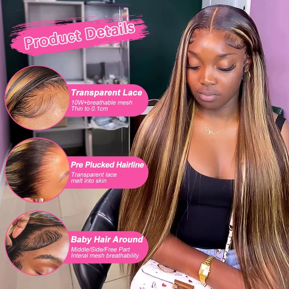 Wig Rambut Asli P4/27 Highlight Bone Straight 13x6 HD Lace Frontal Wig Peru Berwarna Ombre Pirang Lace Front Dengan Baby Hair