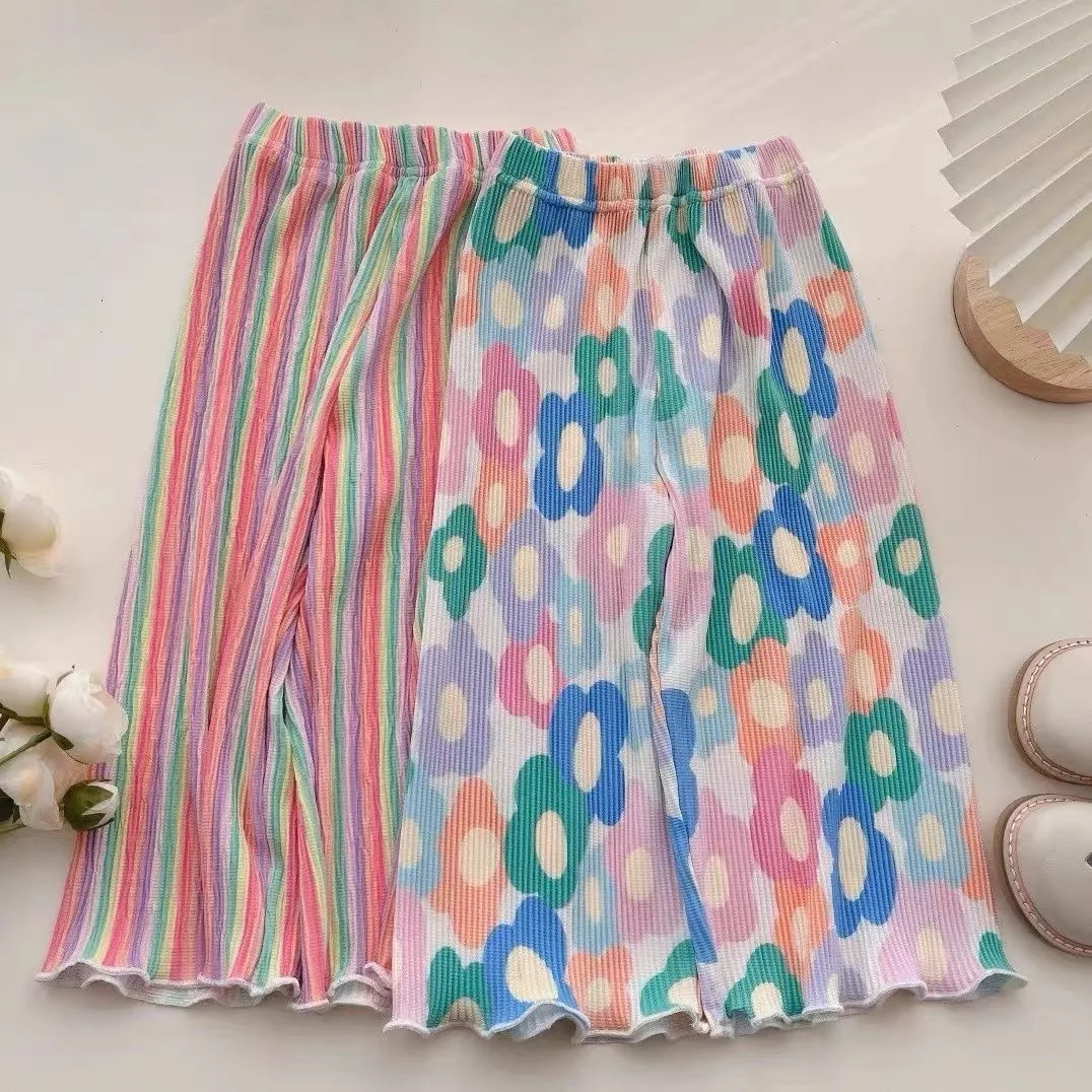 Girls\' summer thin ice silk children\'s wide leg pants Little girls summer cool pants baby girls summer anti-mosquito pants