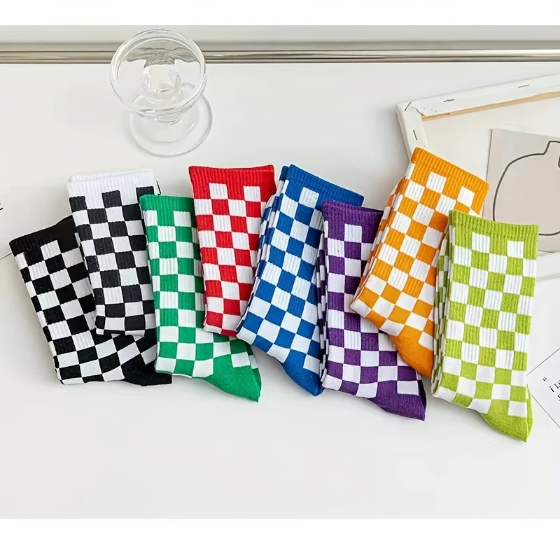 Checkerboard Socks Harajuku Style Crew Socks Women Men Streetwear Long Cotton Sock Skate Hip Hop Colorful Casual Sports stocking